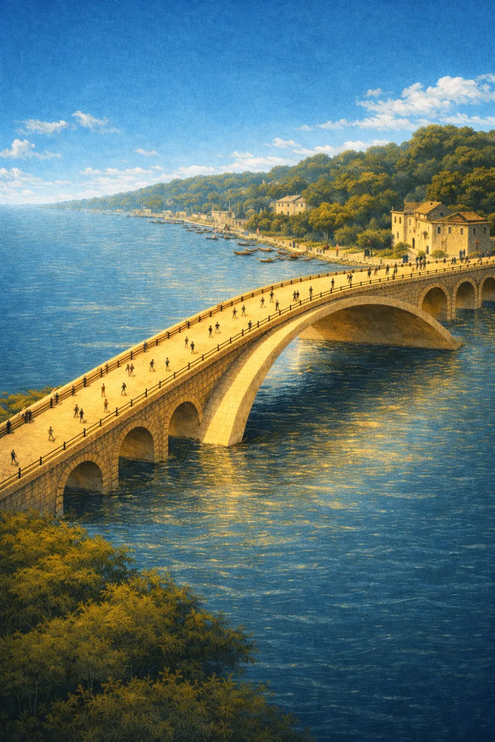 Painting of a stone bridge crossing water between two shores