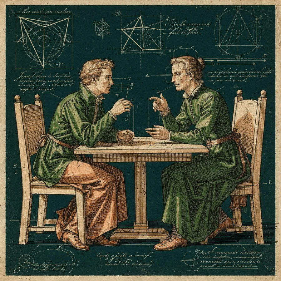 Da Vinci-style study of two people in conversation across a table