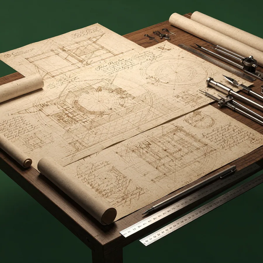 Hand-drawn plans and drafting instruments spread across a workbench