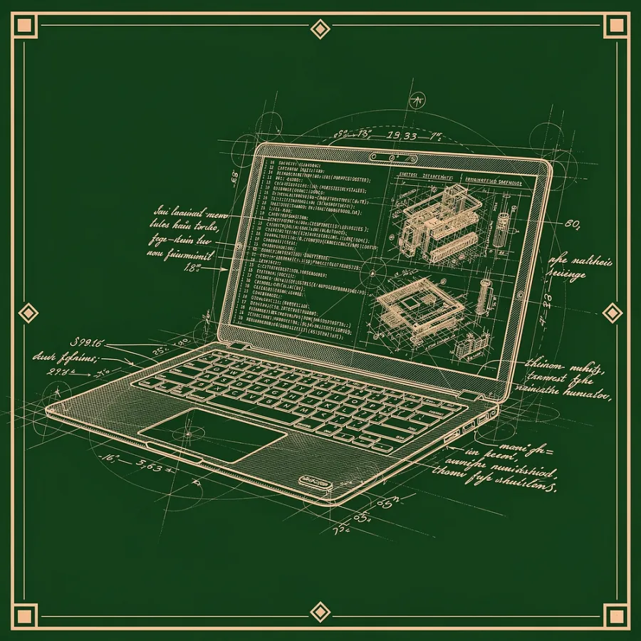 Blueprint-style illustration of a laptop with annotated code and diagrams