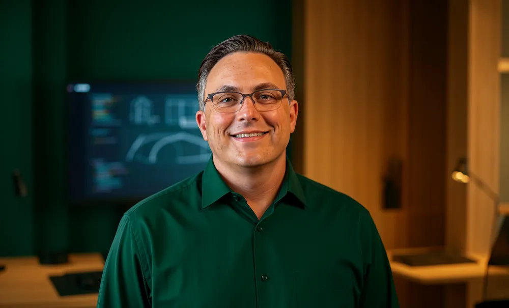 Nathan Feger, smiling in a green shirt in his studio